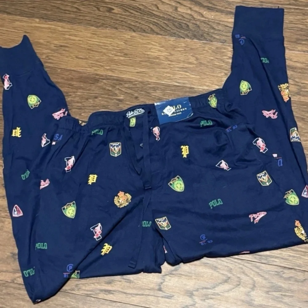 New Polo Ralph Lauren Pep Rally Varsity Logo Print Pajama Jogger Pants Navy L